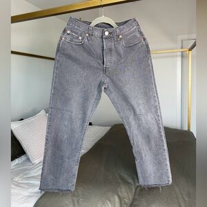 Levis 501 Premium Jeans Gray 28x26 Distressed Raw Hem Denim High Waist Button Up